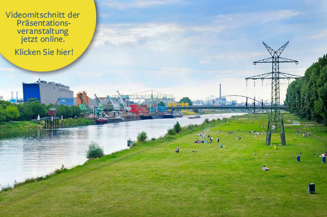 verweist auf: Umwelt und Gesundheit konsequent zusammendenken Landschaftsfoto mit Industrieanlage, Fluss und grüner Liegewiese (verweist auf: Umwelt und Gesundheit konsequent zusammendenken)